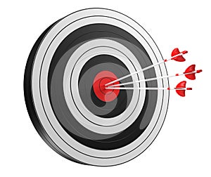 3D rendering target black white and red target with arrows