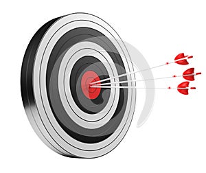 3D rendering target black white and red target with arrows