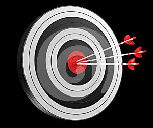 3D rendering target black white and red target with arrows