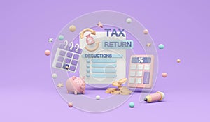 3D Rendering of tax return form document paper with money elements