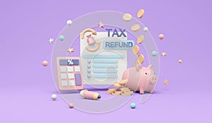 3D Rendering of tax return form document paper with money elements
