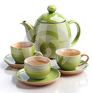 3D rendering of a teapot and cups set isolated on white background