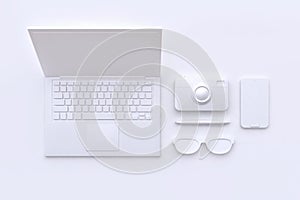 3d render technology concept white scene abstract laptop camera glasses pen smart phone
