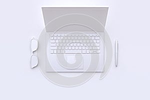 3d render technology concept white scene abstract laptop camera glasses pen smart phone