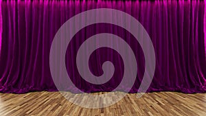 3d rendering theater stage with purple curtain and wooden floor