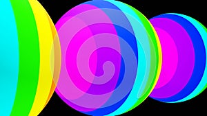 3D rendering. Three colorful spheres with lines that have rainbow colors on a black background. Template for design with spheres