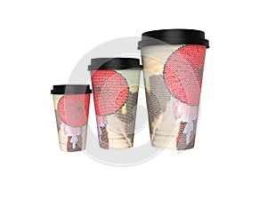 3D rendering of three disposable cups for different drink capacities on white background no shadow photo