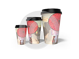 3D rendering of three disposable cups for different drink capacities on white background with shadow