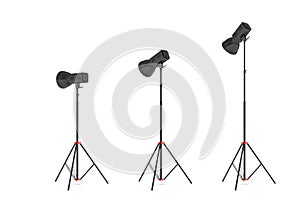3d rendering of three lights with reflectors with the head turned down and up. photo