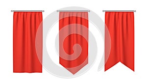 3d rendering of three rectangular red flags hanging vertically on a white background.