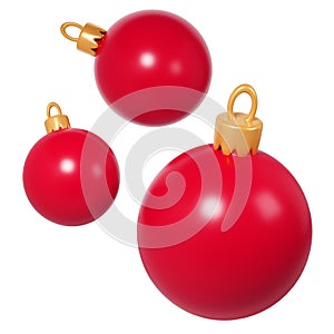 3d rendering three red Christmas balls icon. Realistic spheres for winter holidays. Toy for fir tree. Illustration for