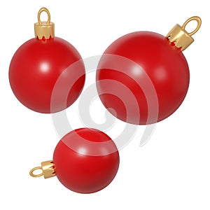 3d rendering three red Christmas balls icon. Realistic spheres for winter holidays. Toy for fir tree. Illustration for