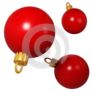 3d rendering three red Christmas balls icon. Realistic spheres for winter holidays. Toy for fir tree. Illustration for