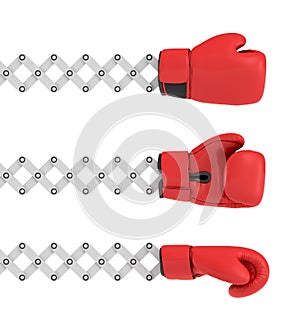 3d rendering of three similar boxing gloves in different angles each attached to a metal scissor arm.
