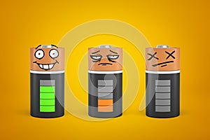 3d rendering of three smiley faced discharged and fully charged batteries on yellow background photo