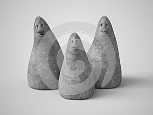3D rendering of three stone figures with faces