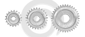 3d rendering of three straight gears of different sizes in front view isolated on a white background.