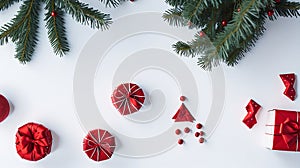 3d rendering of top view Christmas background with Gifts, red decorations on white background.