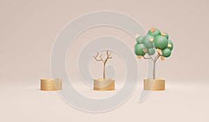 3D Rendering trees with coins on stack of coins from small to big in theme