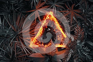 3d rendering of triangle shape in fire over tropical plants. Flat lay of minimal nature style concept