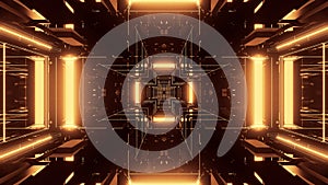 3D rendering of a trippy rectangular hallway made up of gold lights