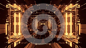 3D rendering of a trippy rectangular hallway made up of gold lights