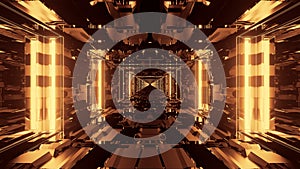 3D rendering of a trippy rectangular hallway made up of gold lights