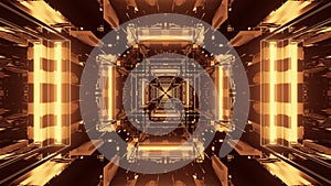 3D rendering of a trippy rectangular hallway made up of gold lights