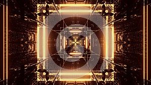 3D rendering of a trippy rectangular hallway made up of gold lights