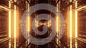 3D rendering of a trippy rectangular hallway made up of gold lights