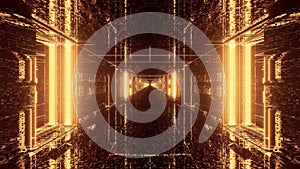 3D rendering of a trippy rectangular hallway made up of gold lights