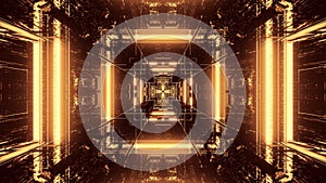 3D rendering of a trippy rectangular hallway made up of gold lights