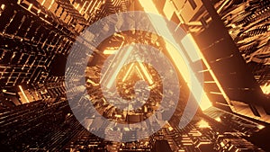 3D rendering of a trippy triangular hallway made up of gold lights