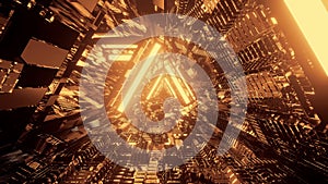 3D rendering of a trippy triangular hallway made up of gold lights