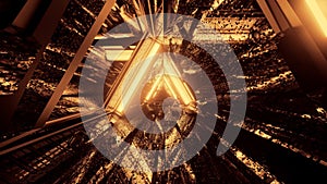 3D rendering of a trippy triangular hallway made up of gold lights
