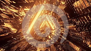 3D rendering of a trippy triangular hallway made up of gold lights