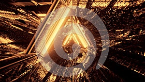 3D rendering of a trippy triangular hallway made up of gold lights