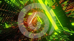 3D rendering of a trippy triangular hallway made up of green and orange lights