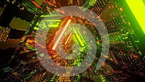 3D rendering of a trippy triangular hallway made up of green and orange lights