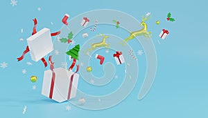 3d rendering two reindeer jump from White giftbox with redribbon and snowflakes on blue background