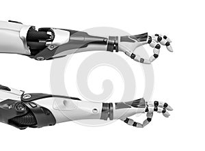 3d rendering of two robot arms with hand fingers in Ok gesture from back and front side of the palm.