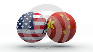 3D rendering of two spheres, China and the United States, destroyed by the collision. The idea of the consequences of the photo