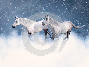 3D rendering of two white horses running in snow