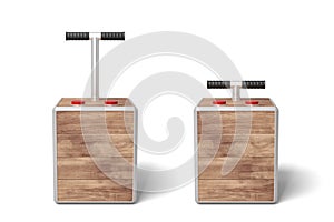 3d rendering of two wooden detonator boxes on white background.