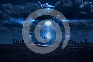 3D Rendering The UFO shooting a beam of light invaded the city at night photo