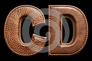 Set of leather letters C, D uppercase. 3D render font with skin texture isolated on black background. 3d rendering photo