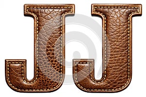 Set of leather letters I, J uppercase. 3D render font with skin texture isolated on black background. 3d rendering photo