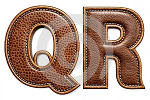 Set of leather letters Q, R uppercase. 3D render font with skin texture isolated on black background. 3d rendering photo