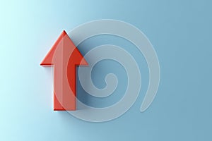 3D rendering of an upward arrow in red on a light blue background.