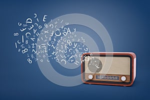 3d rendering of vintage analogue radio receiver with channel gauge and a speaker with sound and letter signs flying out